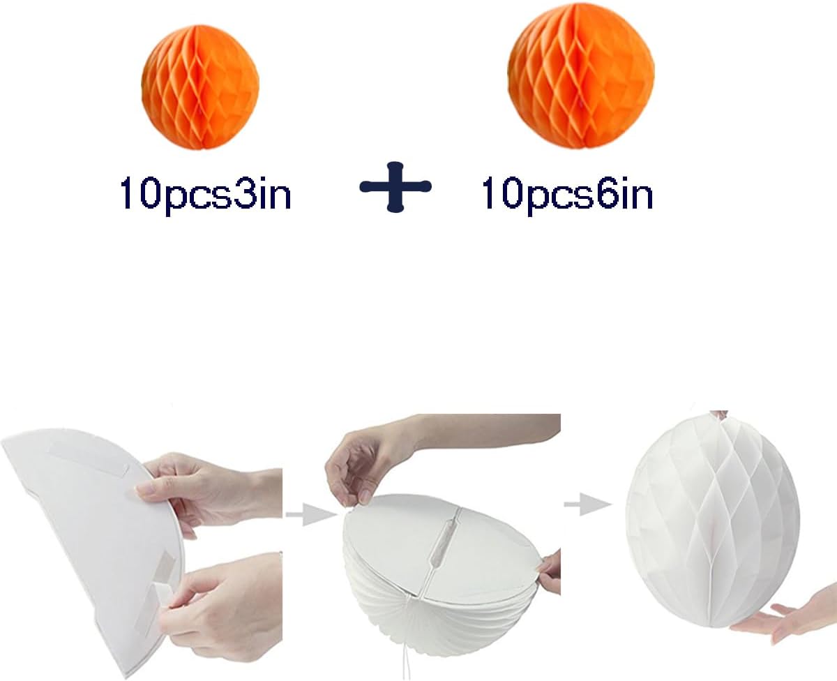 20pcs Honeycomb Flower Balls Party Honeycomb Balls Decoration Paper Flower Balls Tissue Paper Flower Ball Pom Poms Ball for Birthday Wedding Home Decor (3inch+6inch, Orange)