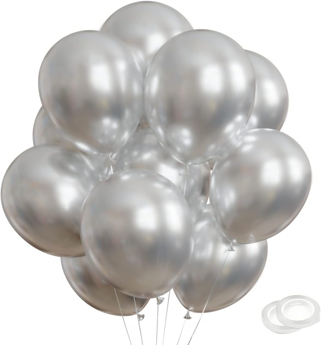Silver Party Balloons 100pcs 12inch Chrome Metallic Silver Helium Balloons for Birthday Party Decoration and Arch Decoration Wedding Birthday Baby Shower Christmas Party
