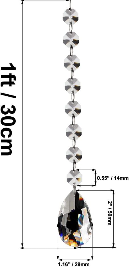 Fushing 10Pcs 1ft Teardrop Crystal Strands, Hanging Beads Chain Garland, Chandelier Pendants Parts Glass Beads (50mm, Clear)