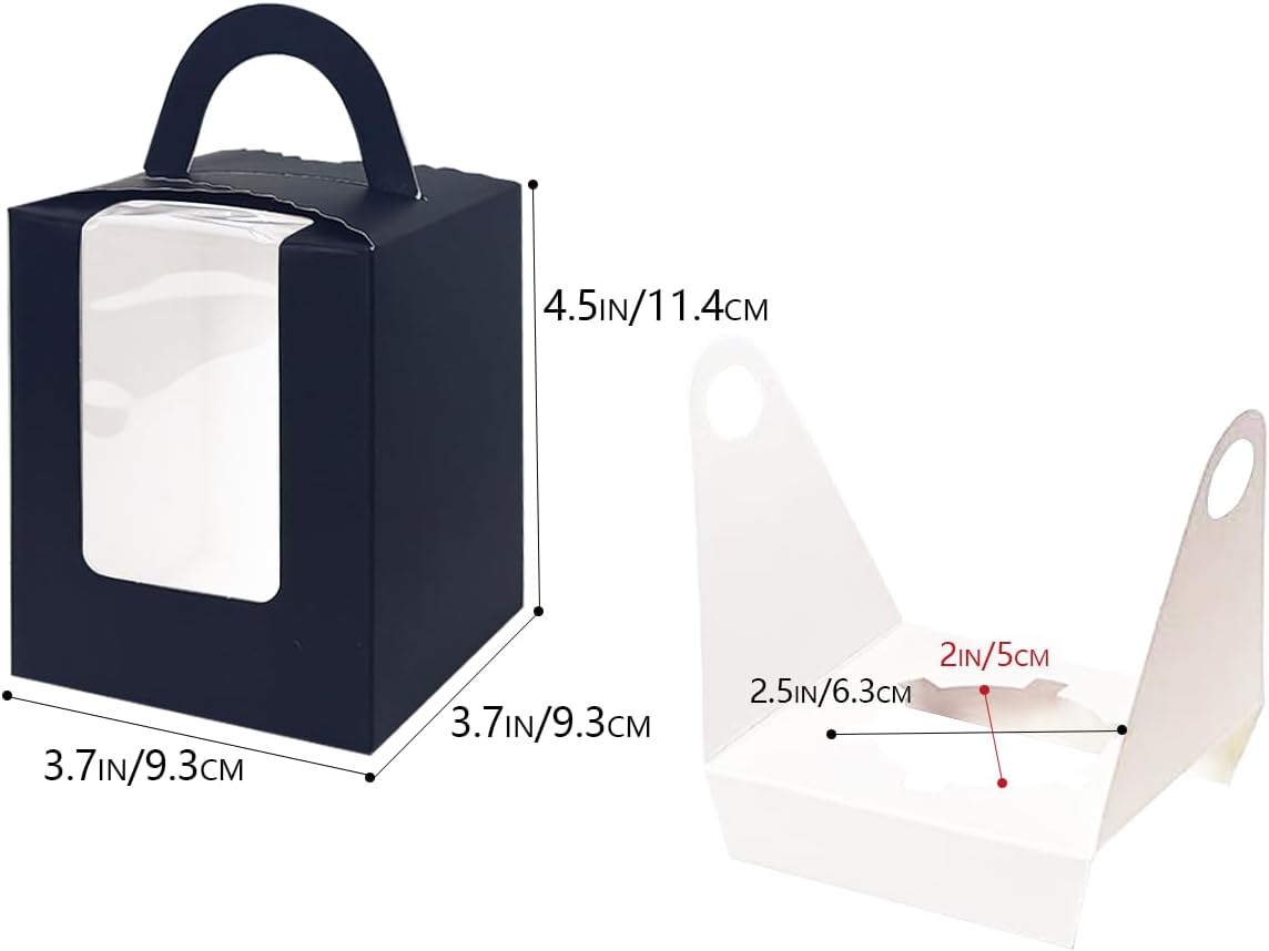 Bakepacker Auto-pop up Individual Cupcake Boxes with Window 25 Count Black Single Cupcakes Box 3.6 x 3.6 x 4.3inch Cupcake Carrier