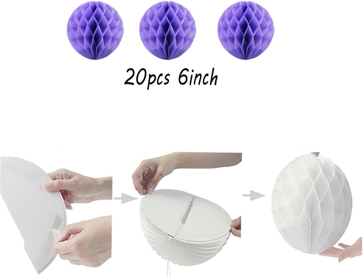 20pcs Honeycomb Flower Balls - Party Decor, Tissue Paper Pom Poms (6inch, Purple)