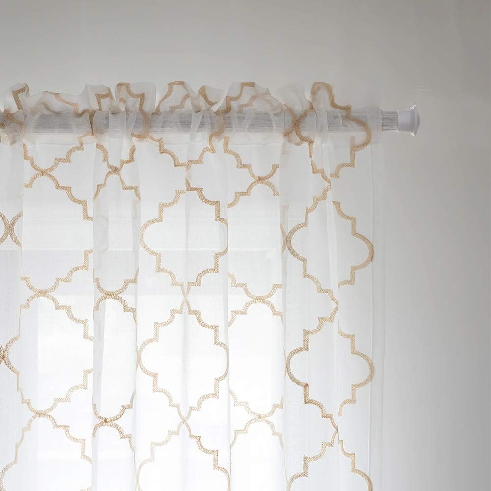 Sheer Curtains Beige 63 Inches, Rod Pocket Voile Drapes for Living room, Bedroom, Embroidered Moroccan Tile Lattice Design Window Semi Crinkle Curtain Panels for Yard, Parlor, Set of 2, 52"x 63".