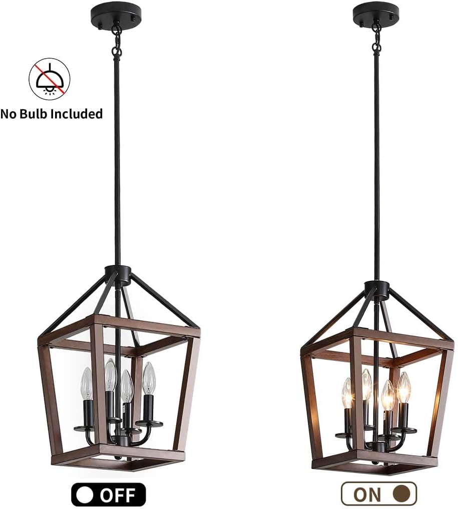 Farmhouse orb Metal Chandelier，4-Light Vintage Handmade Rustic Wood Pendant Hanging Light Fixture for Kitchen Island Dining Room Living Room Bedroom Foyer Hallway