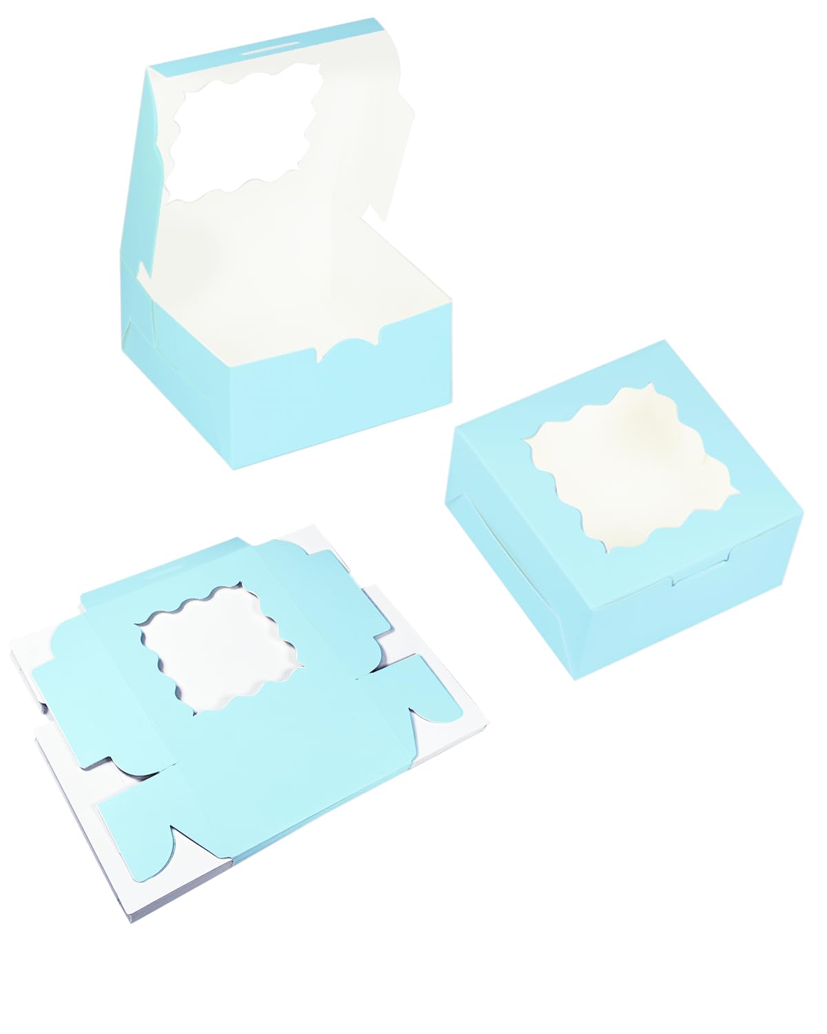 Bakepacker 100pcs Light Blue Cookie Boxes 6x6x3 inches Easy Assemble Macaroon Pastry Boxes Bakery Boxes with Window for Bakery
