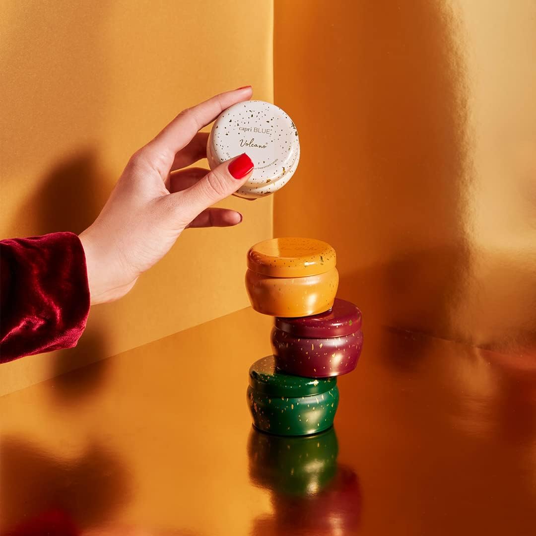 Capri Blue Glimmer Mini Tin - Crystal Pine Scented Candle with Mini Tin Candle Holder - Soy Wax Blend - Capri Blue Crystal Pine Emerald Green and Gold (3 oz)