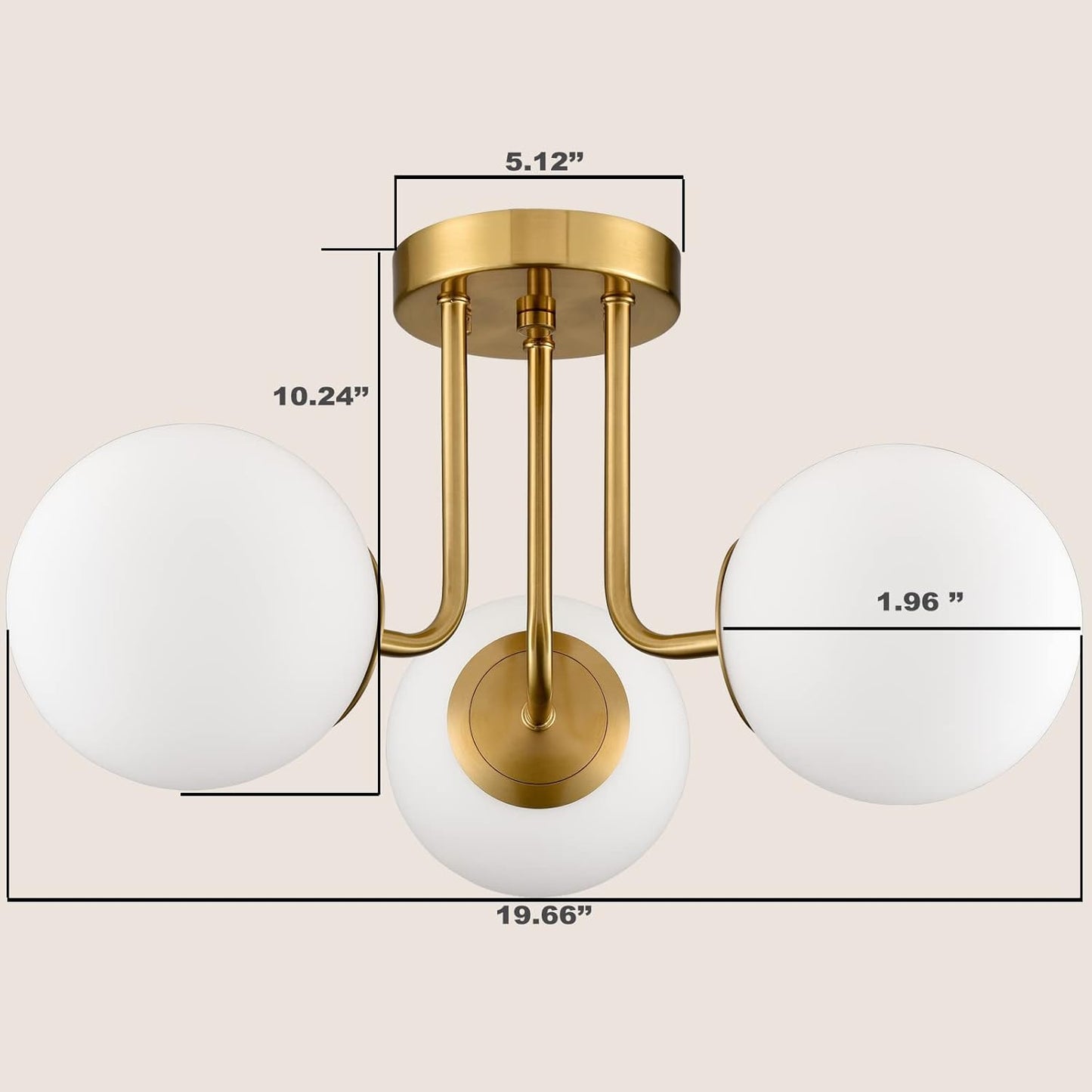 Modern Brass Gold 3-Light Ceiling Light with Globe White Glass Shade Semi Flush Mount Ceiling Light for Living Room Hallway Sputnik Chandelier Lighting Fixture