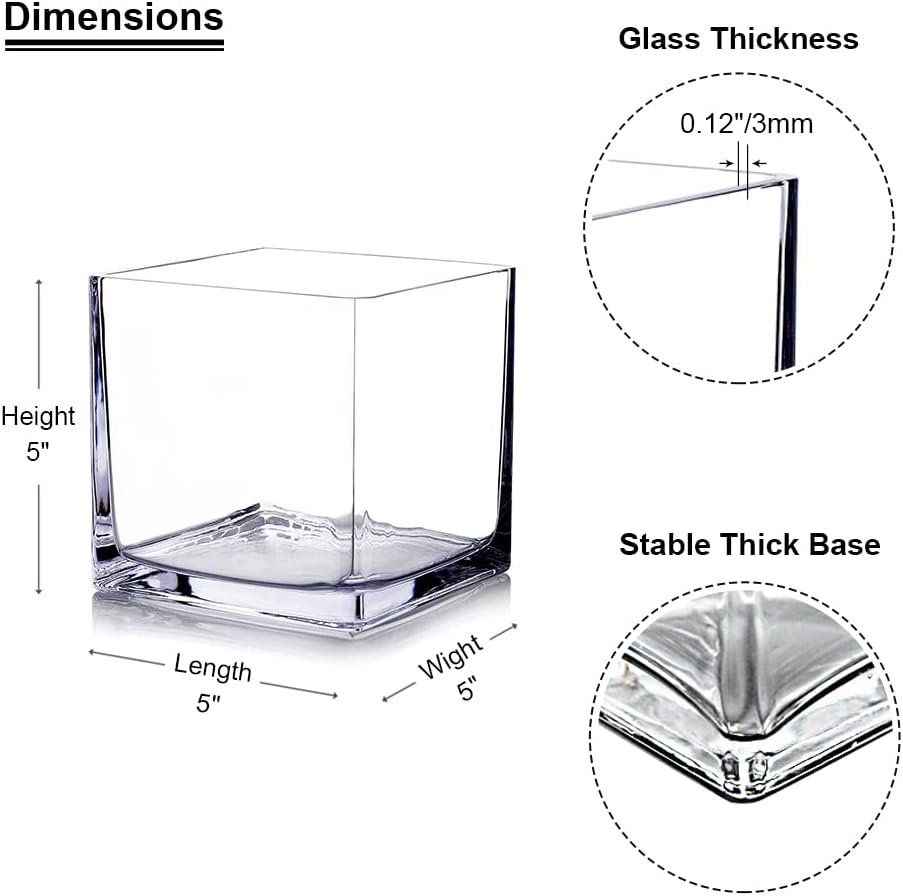 Enova Floral Set of 4 Cube Glass Vase, 5x5X5 Inch Glass Flower Vase Planter, Floating Candle Holders, Clear Square Glass Vases, Table Decorative Vase for Wedding Centerpieces, Home Office Décor