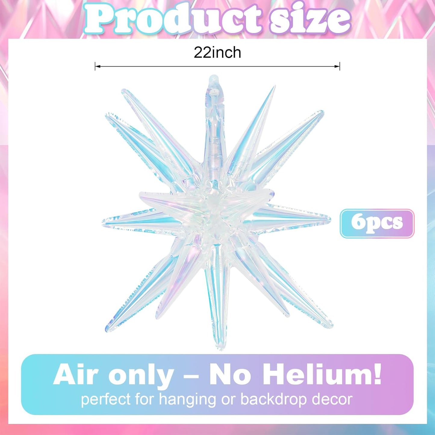 Iridescent Star Foil Balloons, 6Pcs 22in Explosion Star Balloon Large Holographic Spike Cone Clear Foil Balloon for Birthday Baby Shower Mermaid Rainbow Wedding Party Decorations