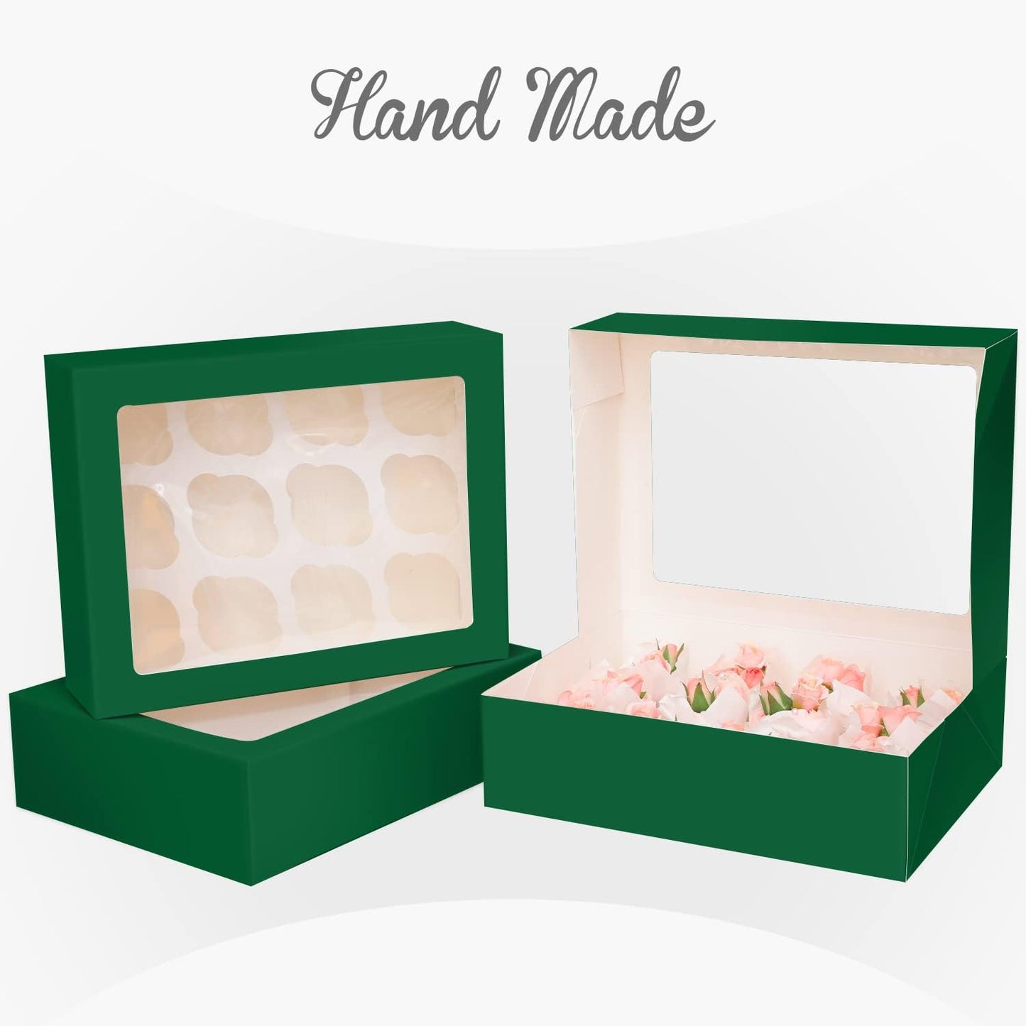 12 Cupcake Containers 10-Packs Forest Green Cupcake Box Cupcakes Carrier, 12 Cupcake Boxes with Window 13"x10"x3.5"（Auto-pop up）