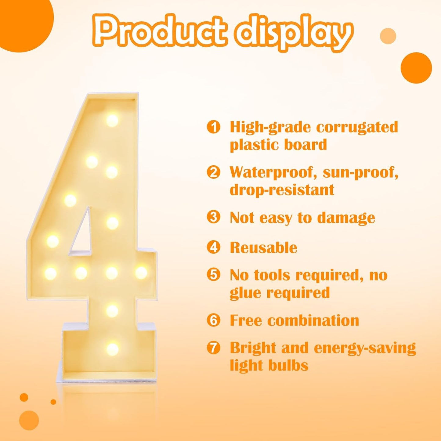 4ft Marquee Number 4, Light Up Sign for Party Decorations, 4 Feet Tall, Plastic, Modern Style