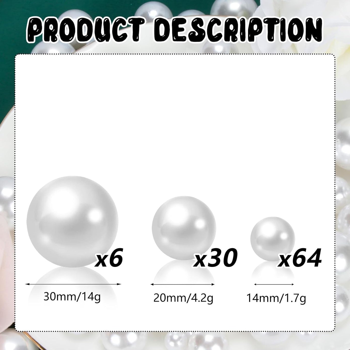 100PCS White Faux Pearls Beads for Centerpiece Vases, Vase Filler Faux Pearls, No Holes Filler Beads for Party Anniversary Birthday Wedding Table Decor, 14/20/30mm