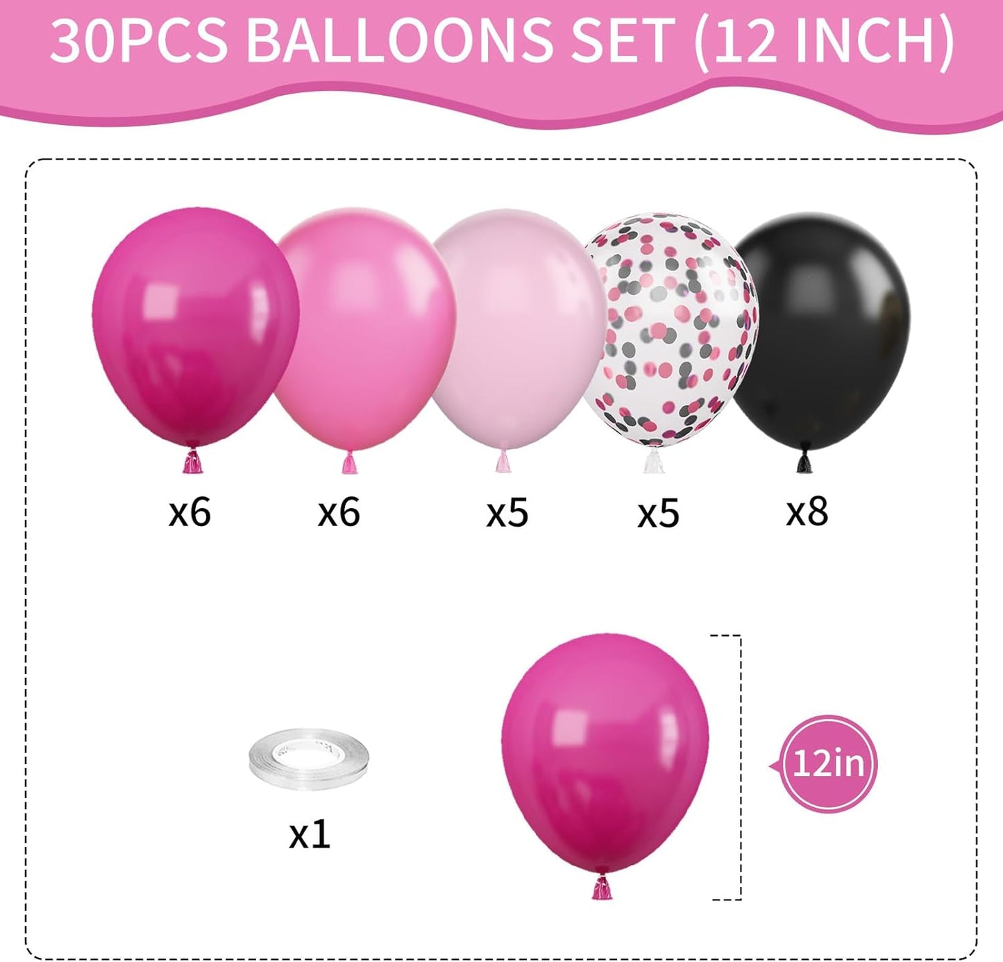 Pink and Black Balloons, 12 Inch Hot Pink Black Balloons Set with Black Pink Confetti Balloons, Pastel Pink Light Pink Black Balloons for Girl Birthday Party Wedding Decorations