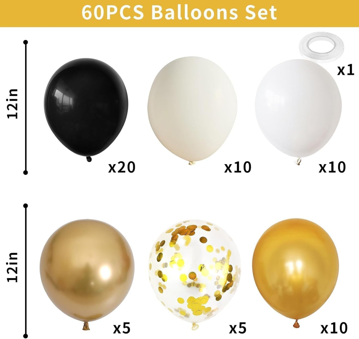 Black Gold Beige Balloons, 60PCS Black Gold White Sand Balloons Party Balloon with Metallic Gold Confetti Party Balloon for Graduation, Weddings, Birthday, New Year Decorations