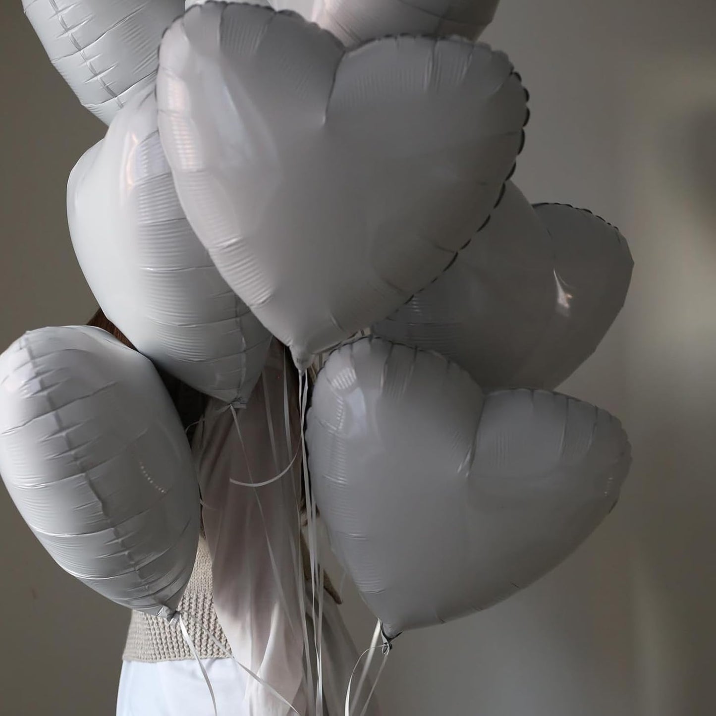 Grey White Heart Foil Heart Shaped Balloons, 10PCS White Foil Heart Balloons Valentines 18inch White Love Foil Balloons for Helium Valentine Decorations for White Wedding, Brithday Party, Anniversary