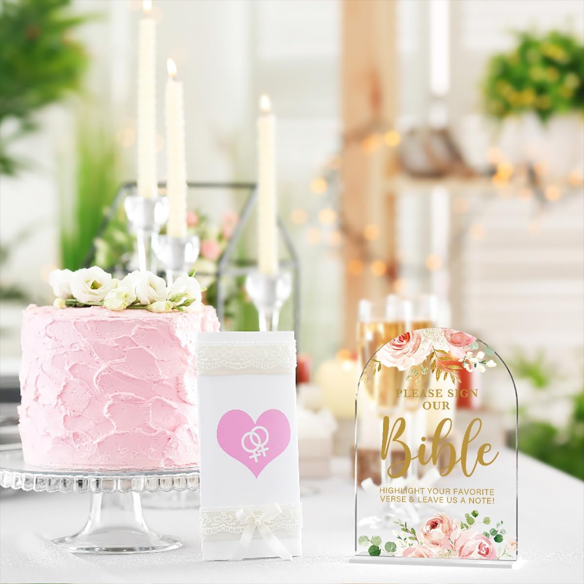 Acrylic Wedding Signs, Bridal Shower Decorations, Modern Calligraphy Arch Acrylic Table Top Sign for Wedding Reception and Engagement Parties - Please Sign Our Bible (Clear Pink Flowers)