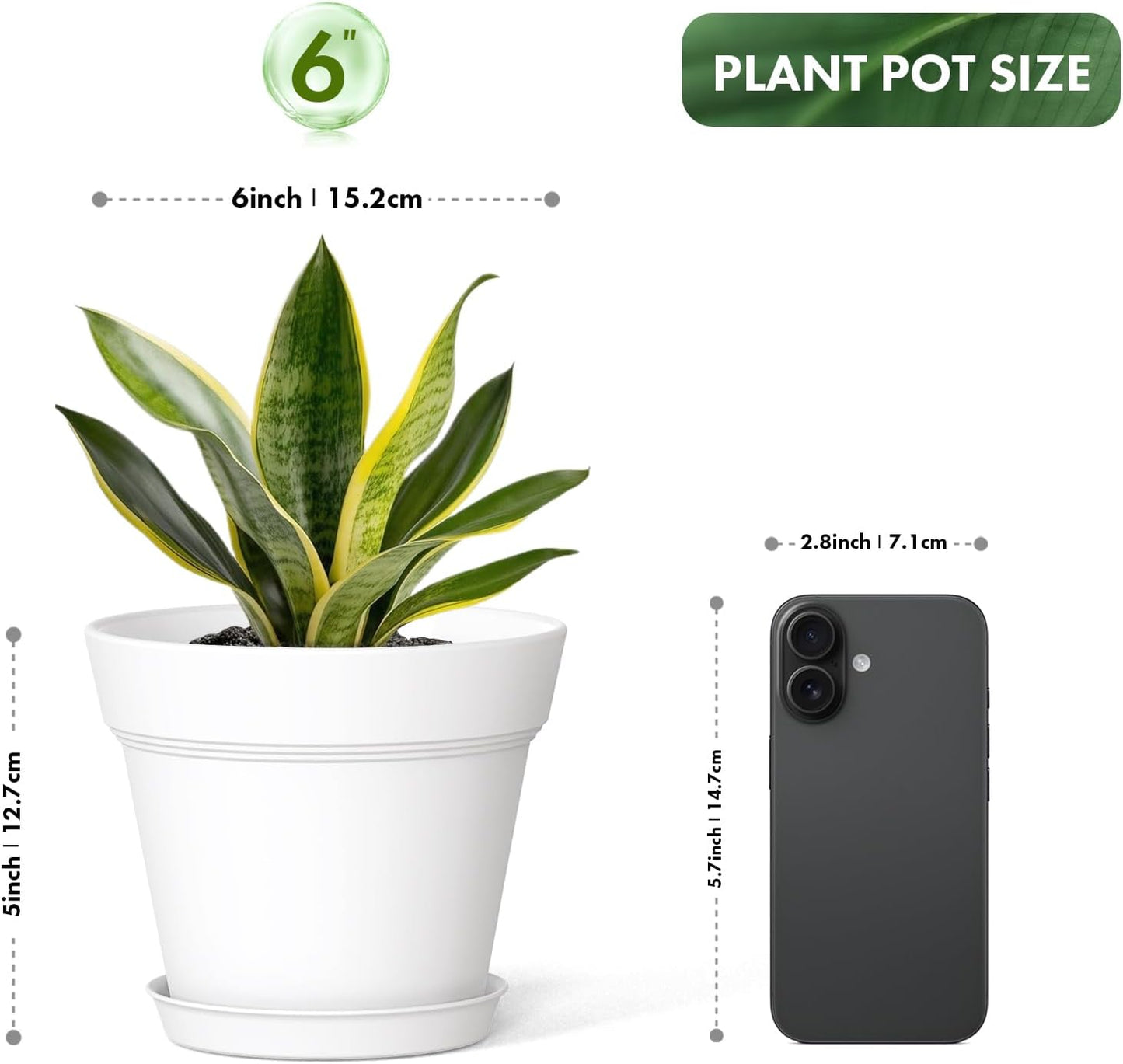 6 Inch Thick Plastic Plant Pots with Drainage Holes and Trays – 6 Pack Nursery Pots for Indoor & Outdoor House Plants, Seedling Starter Planters for Garden Flowers, White