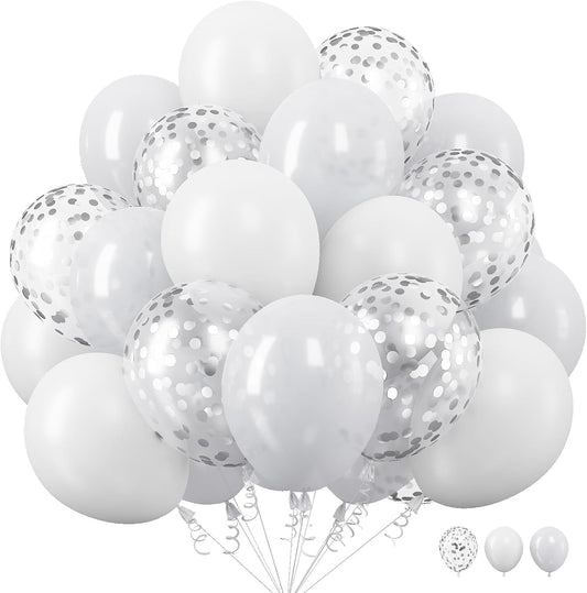 White Balloons, 12 Inch Pearl Pure White Ivory Latex Balloon with Silver Confetti Balloons for Boho Birthday Baby Shower Wedding Bachelorette Retirement Valentine’s Day Party Decorations