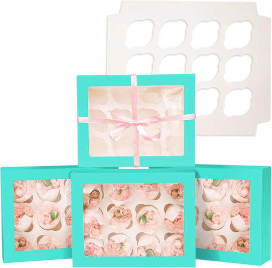 12 Cupcake Containers 10-Packs Cupcake Box Cupcakes Carrier, Mint Blue 12 Cupcake Boxes with Window 13"x10"x3.5"