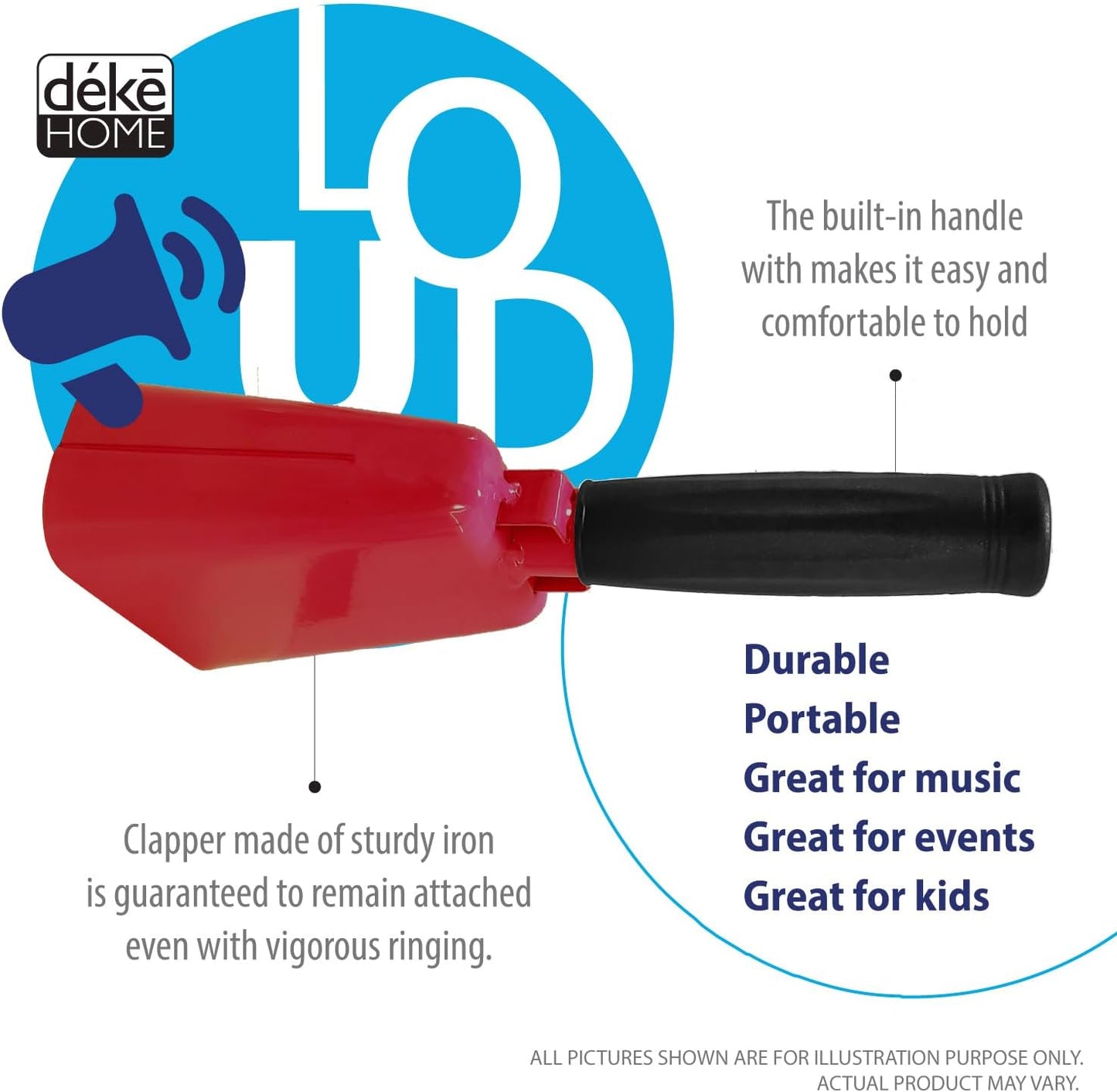 Deke Home - 2 Pack 7 Inch Steel Cowbells with Handle, Loud Noise Makers for Football, Sports, Parties, Competitions, School Spirit & Safety, Large Hand Bell for Cheering & Percussion Instrument