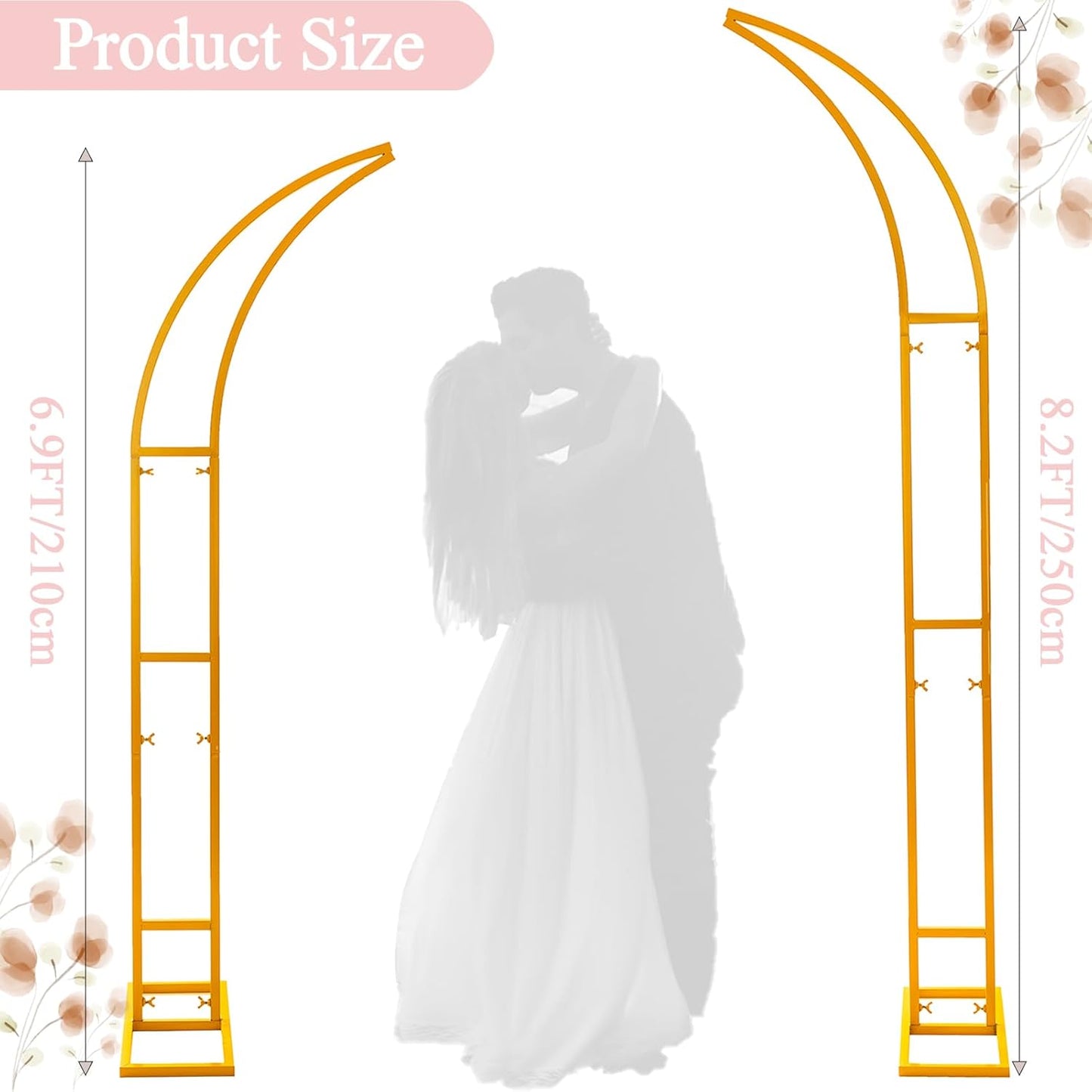 SATBIR 2pcs Large Wedding Arch with Base Flower Stand Arch Bracket Stand Backdrop Stand For Wedding Party Elegant Decorations & Garden Climbing Plants Vines,8.2&6.9 FT-Gold