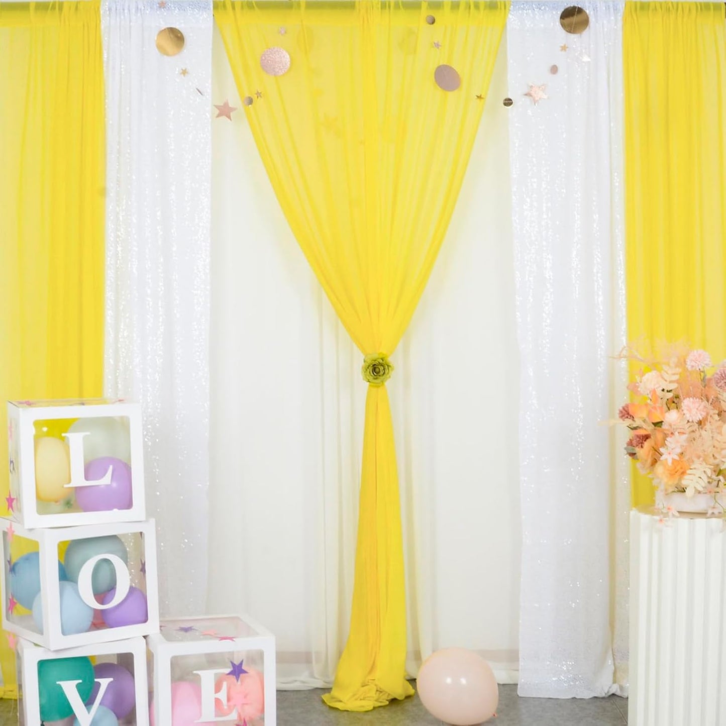 DUOBAO Chiffon Backdrop Curtain 96 Inch Length 2 Panel 29 Inch Width Wedding Backdrop Drapes Yellow Sheer Curtains Panels Tulle Fabric Photography Backdrops for Party
