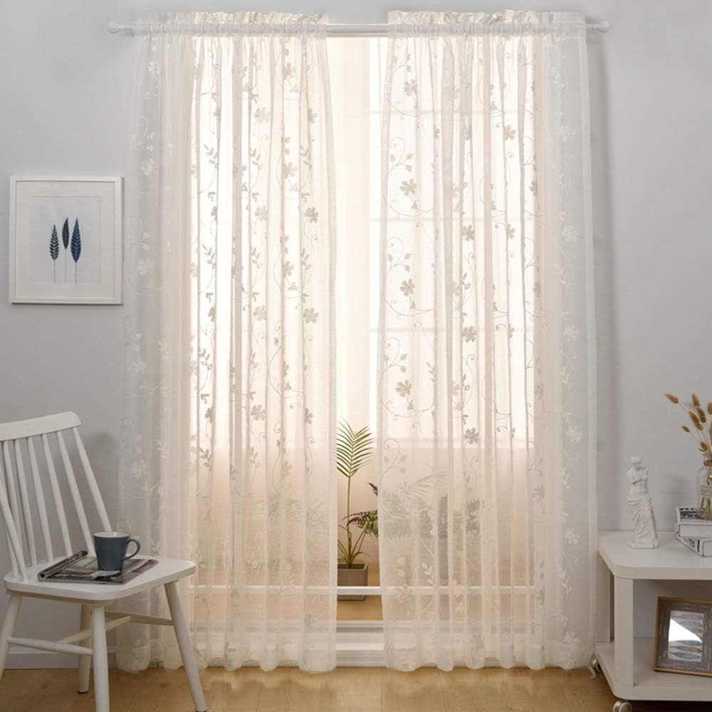 Floral Embroidery Sheer Curtains White 45 Inch Length, Rod Pocket Voile Drapes for Living room, Bedroom, Window Treatments Semi Crinkle Curtain Panels for Yard, Villa, Parlor, Set of 2, 52"x 45".