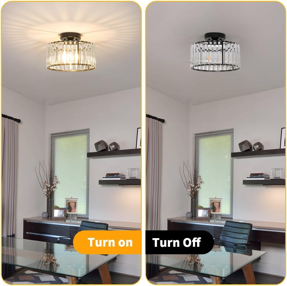 Crystal Ceiling Light Fixture, Modern Semi Flush Mount Ceiling Light, Black Close To Ceiling Light Fixtures, Crystal Chandelier Entryway Light, 11in Chandelier for Bedroom Porch Kitchen Living Room