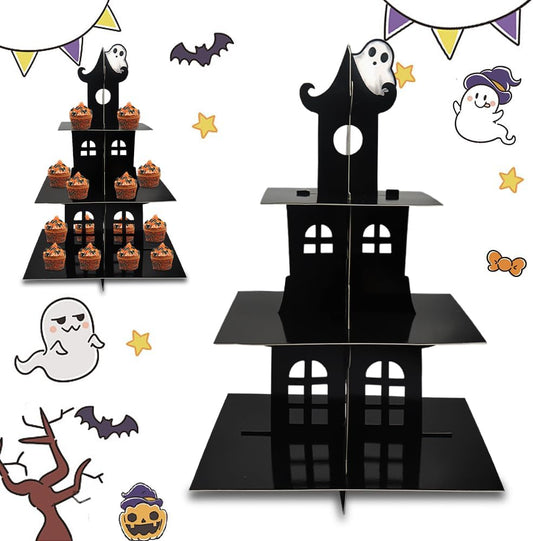 3-Tier Halloween Cupcake Stand Tower Halloween Castle Cake Stand Halloween Round Cardboard Dessert Tower Dessert Tree Tower for Halloween Party Supplies Dessert Serving Tray for Halloween Decorations