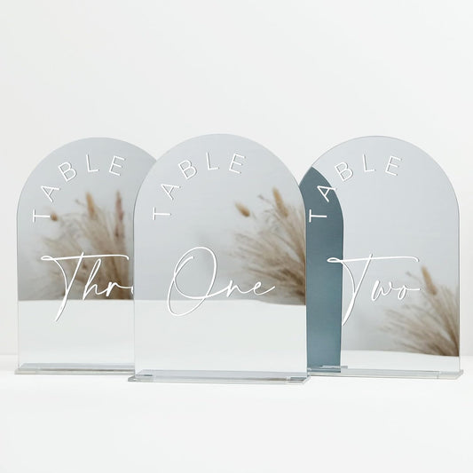JINMURY Sliver Arch Wedding Table Numbers 1-15 with Stands, 5x7 Inch Acrylic Arch Sign with White Lettering, Sliver Mirror Acrylic Table Numbers for Wedding Reception