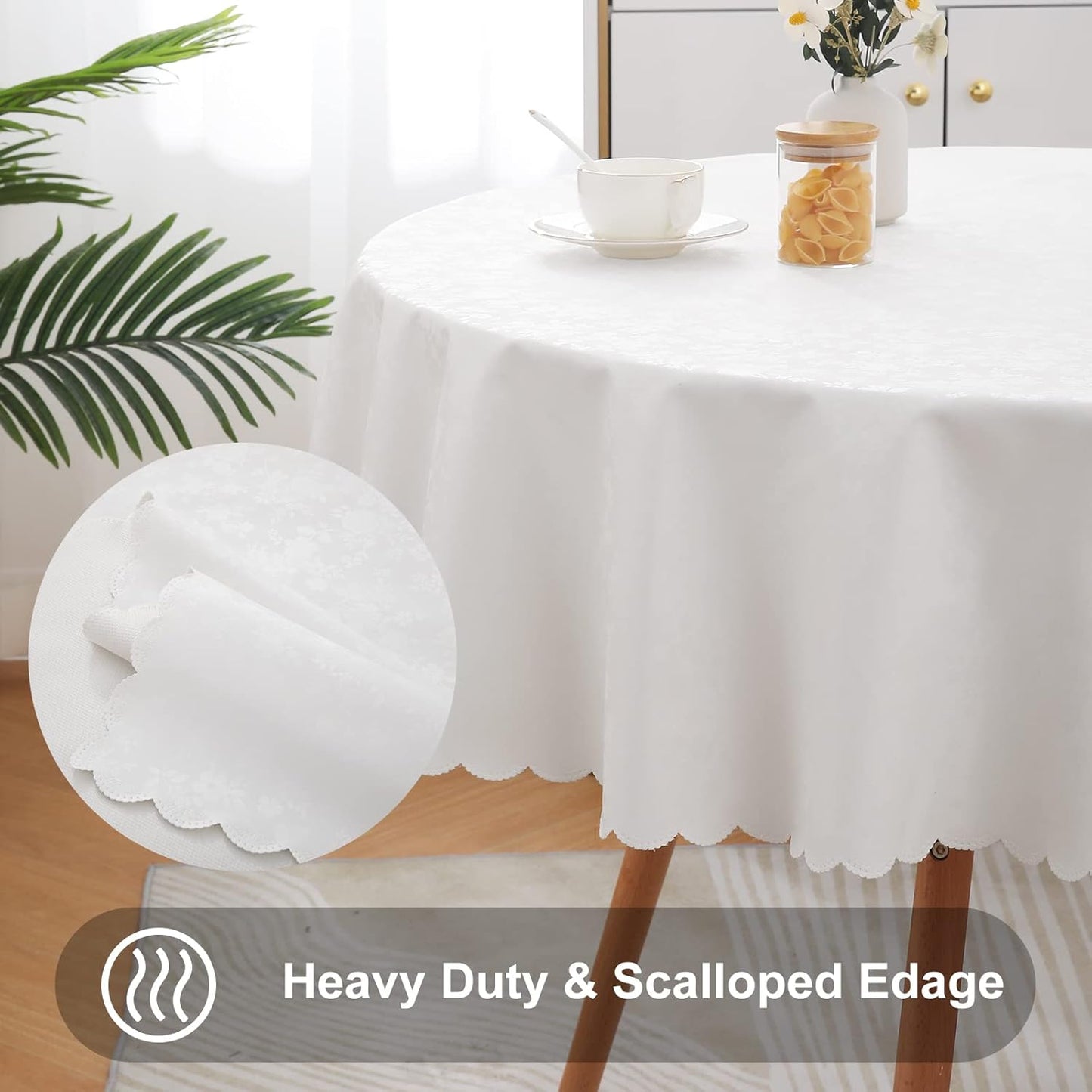 Smiry Round Table Cloth, Waterproof Heavy Duty Vinyl Tablecloths, Wipeable Washable Table Cover for Kitchen and Dining Room (White, 60" Round)