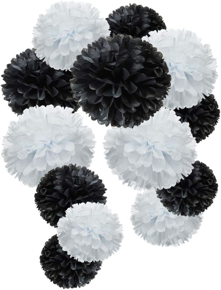 Black and White Paper Flower Tissue Pom Poms Party Supplies (black,white,12pc)