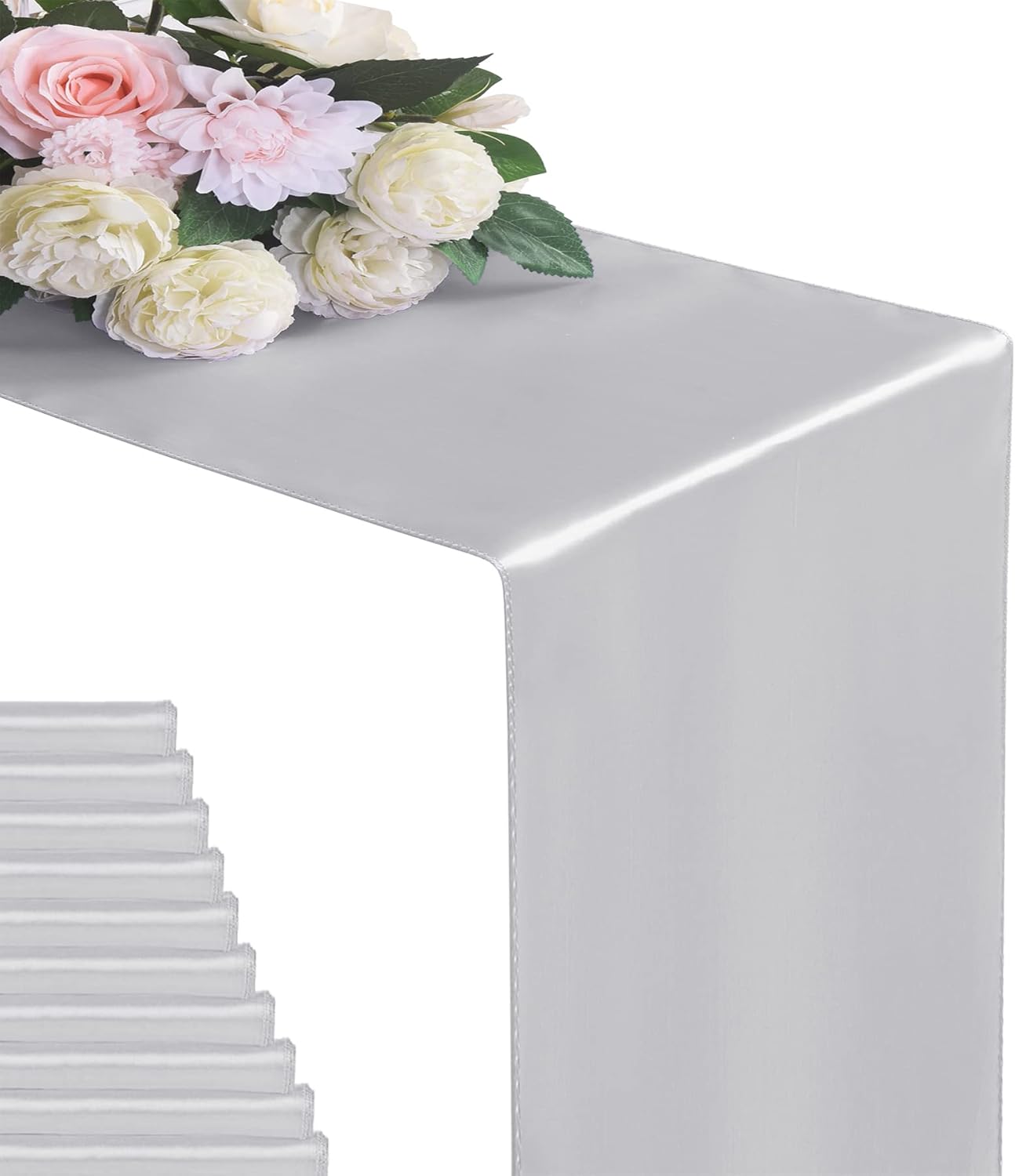 6Pack Table Runner 12 x 108 Inches Satin Silk Table Runner for Wedding, Birthday Party, Banquets, Graduations Decoration, fit Rectange and Round Table-Silver