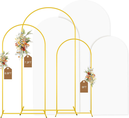 MODFUNS Arch Backdrop Stand with Cover 6&6.6&7.2ft Gold Wedding Arch Stand Set of 3 White Arch Backdrop Covers Backdrops Stand for Party Birthday Banquet Wedding Arched Frame