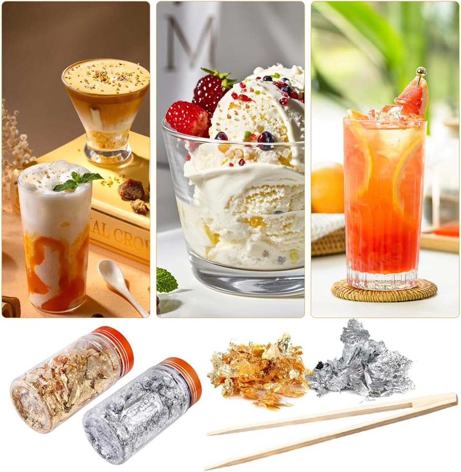 Gold Flakes for Resin, 2 Bottles 10g Imitation Golden Foil Gilding Flake Metallic Leaf for Cake Decoration Chocolate Making Nails Painting Art Crafts with Bamboo Tweezers (Gold, Silver Colors)