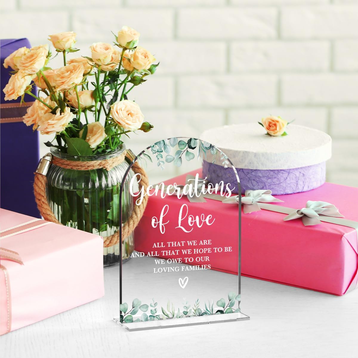 Acrylic Wedding Sign Generations of Love Signs for Ceremony Modern Calligraphy Arch Acrylic Table Top Signs for Wedding Reception and Event Party Table Decor (Eucalyptus Leaves)