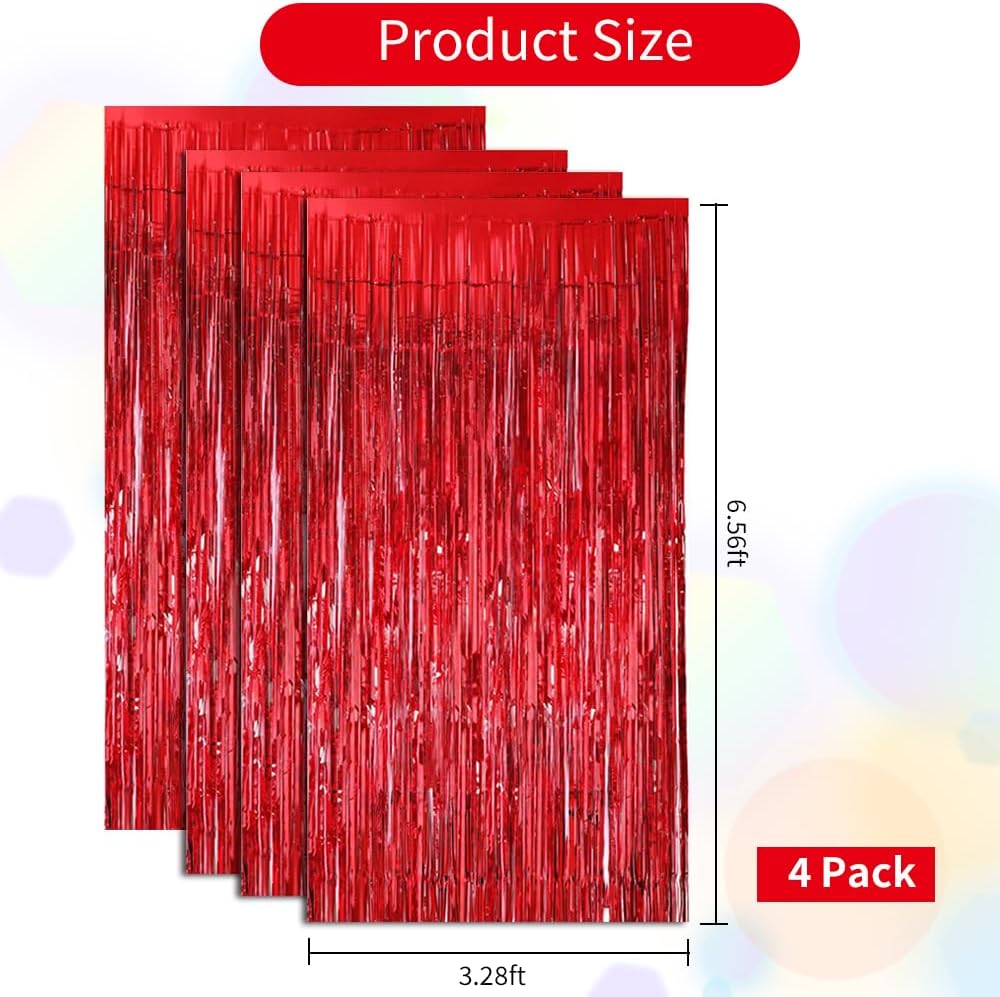 BEISHIDA 4 Pcs Red Door Streamers Tinsel Curtain Party Streamers Backdrop Fringe Foil Wall Background for Birthday Valentine's Day Christmas Wedding Party Decoration(3.28 ft x 6.56 ft)