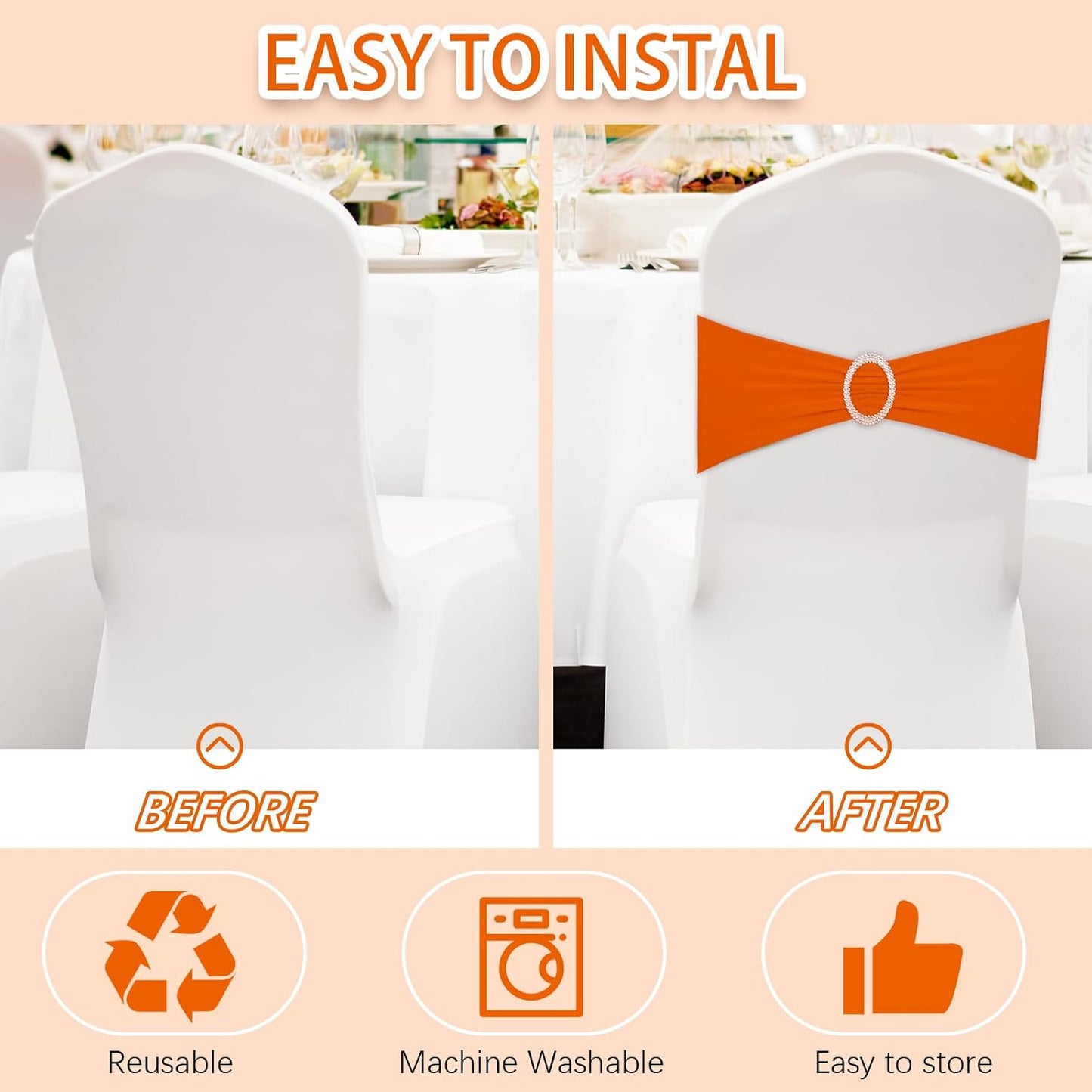 CHENGU 150 Pieces Spandex Stretch Chair Sashes Bows Elastic Chair Cover Bands Ties with Buckle Slider for Wedding Party Reception Events Universal Ceremony Banquet Decorations (Orange)