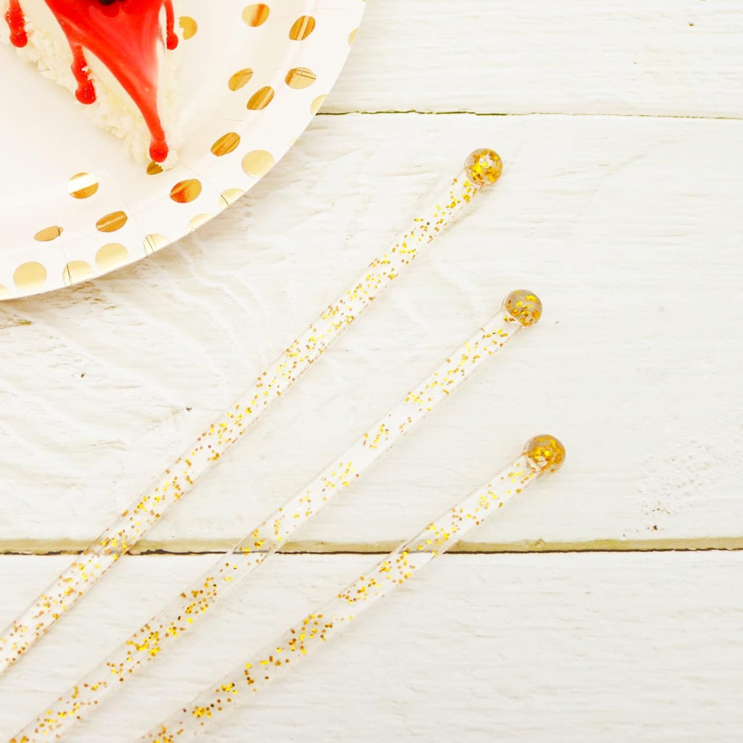 50-PCS Gold Glitter Plastic Swizzle Sticks, Crystal Cake Pops, Cocktail Coffee Drink Stirrers, Lolipop Stick for Christmas Party, 7.24 Inch