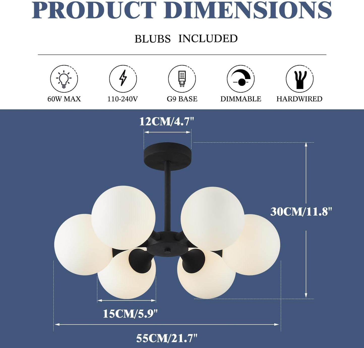 KCO Lighting 6 Lights Modern Semi Flush Mount Ceiling Light Fixture Glass Globe Sputnik Chandelier Ceiling Lighting Mid Century Black Close to Ceiling Light