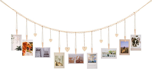 Hanging Photo Display with Clips, 9 Wood Clips, Boho Picture Frames Collage Wall Decor, Photo Hanger for Office Cubicle Decor, Kids Art Display (1)