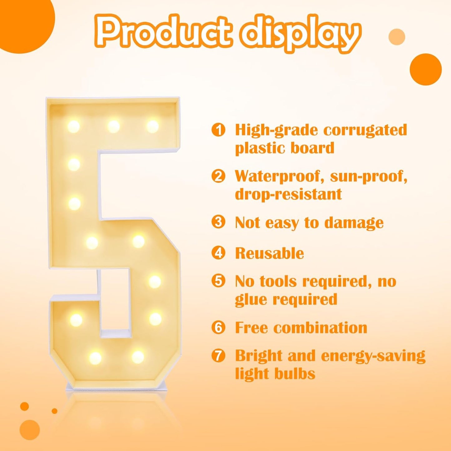 4ft Number 5 Light Up Sign, Modern Marquee for Numbers 4 Feet Tall, Polypropylene Material, Tabletop Mount, Perfect for Party Decorations