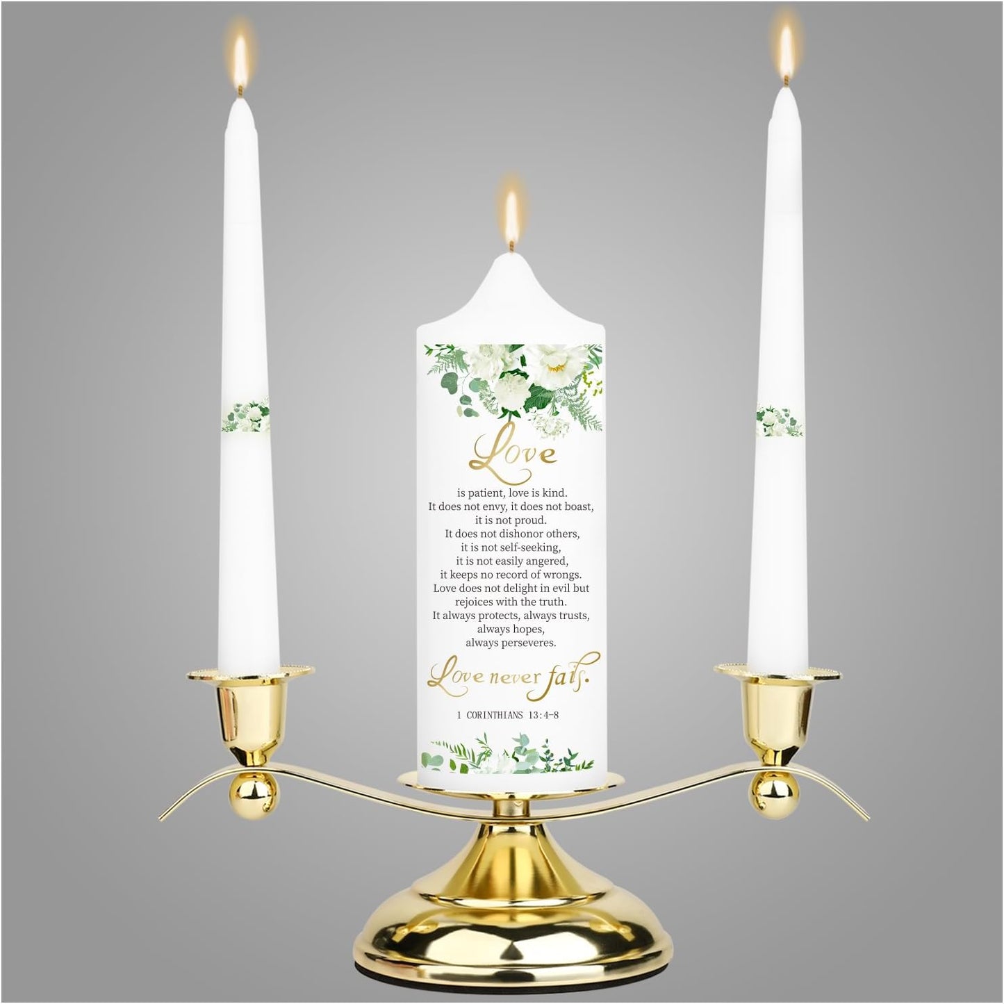 3 Unity Floral Candles for Wedding Ceremony Set with Golden Holder, Wedding Accessories for Reception