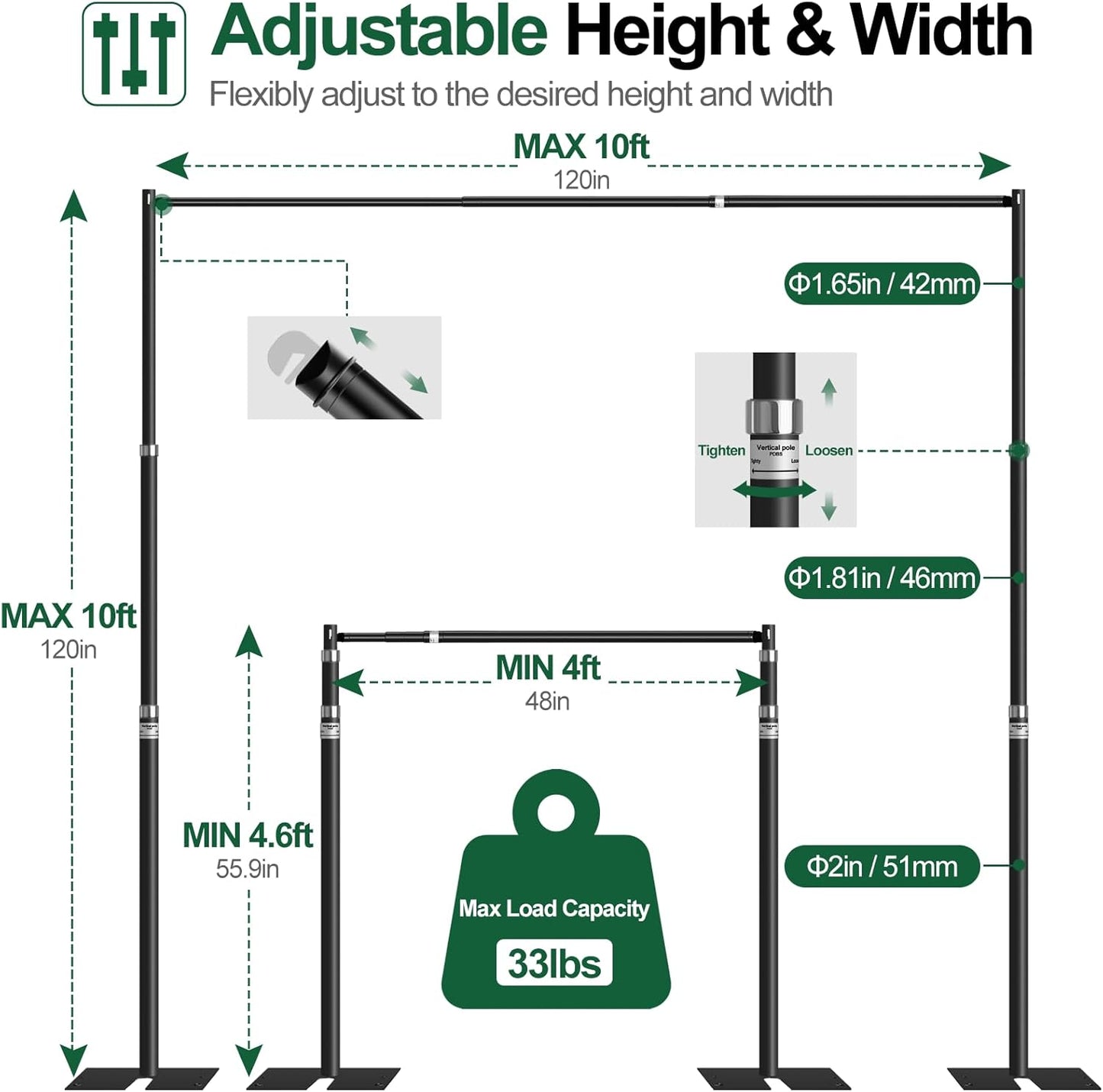 FUDESY Pipe and Drape Backdrop Stand Kit, 10x10ft Heavy Duty Backdrop Stand Adjustable Background Frame with Metal Base for Photography Wedding Parties Events Decoration, Black