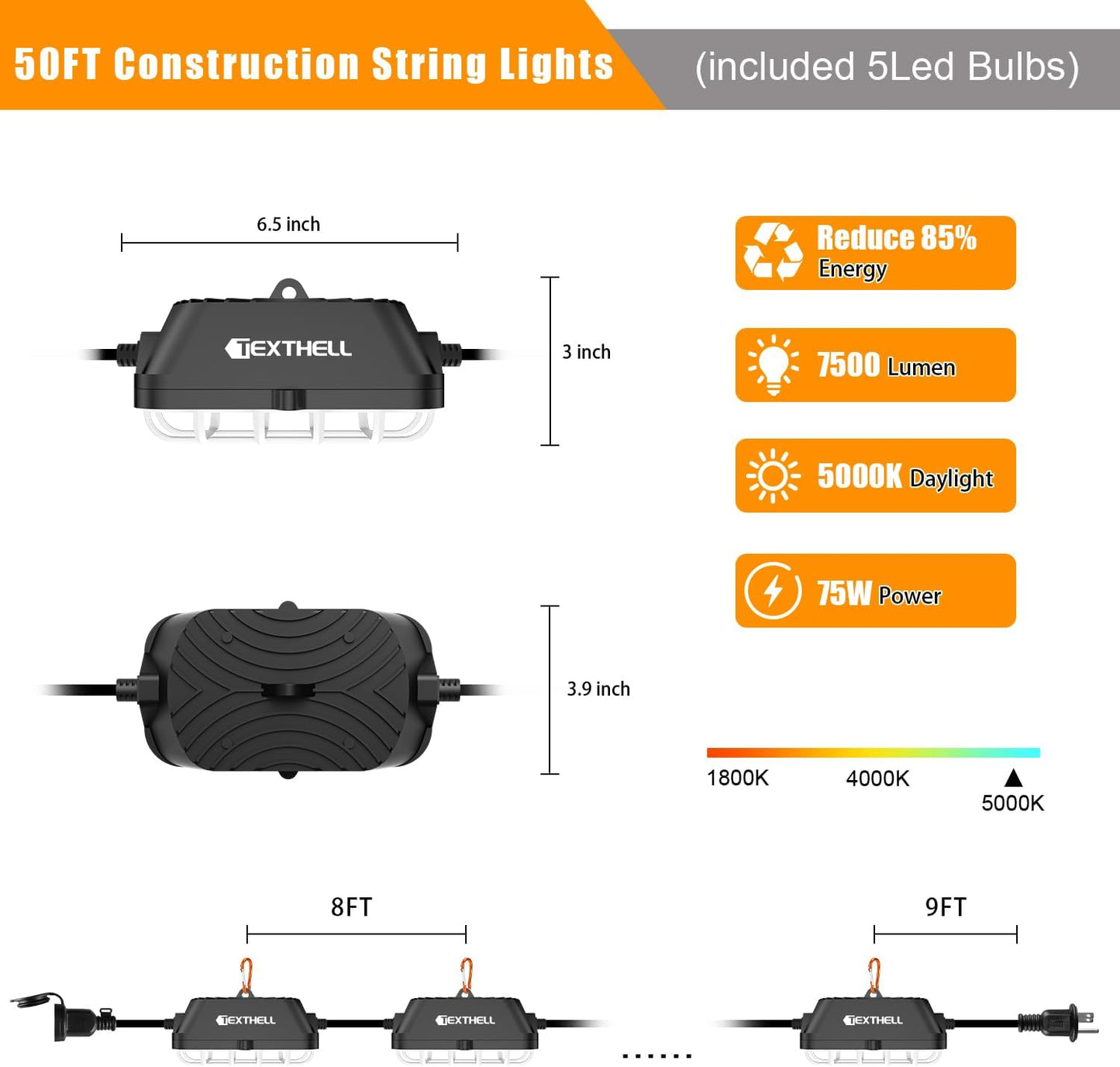 50FT LED Construction String Lights, 75W Super Bright 7500LM Plug in Linkable String Work Lights, 5000K Waterproof IP67 Temporary Lighting for Construction Sites, Jobsites, Indoor & Outdoo