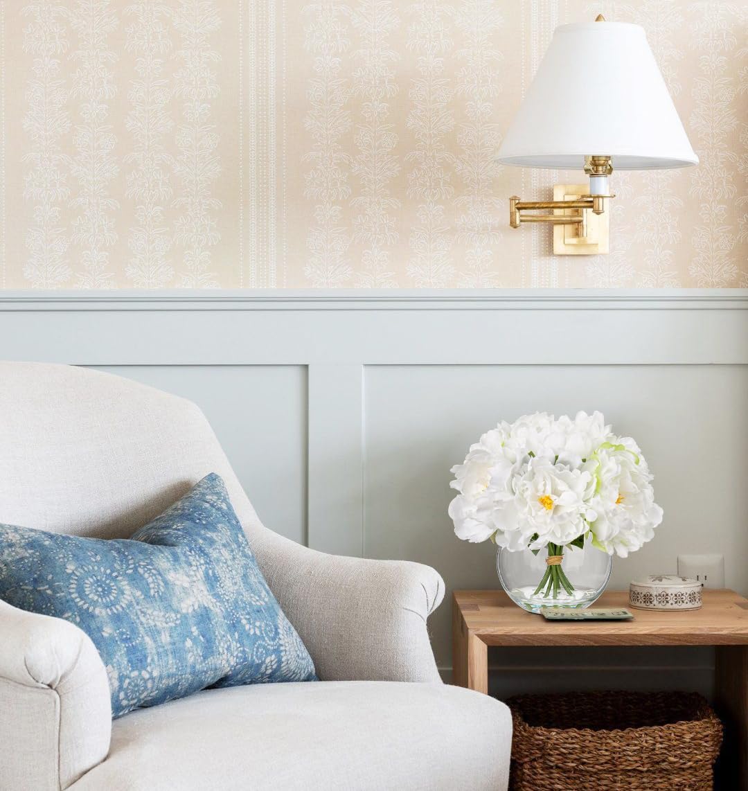 Fake Flowers in Vase White Peonies Artificial Flowers Real Touch Faux Flowers Large Peony Silk Flower Arrangements with Glass Vase with Faux Water for Home Decor Office Table Centerpiece Decorations