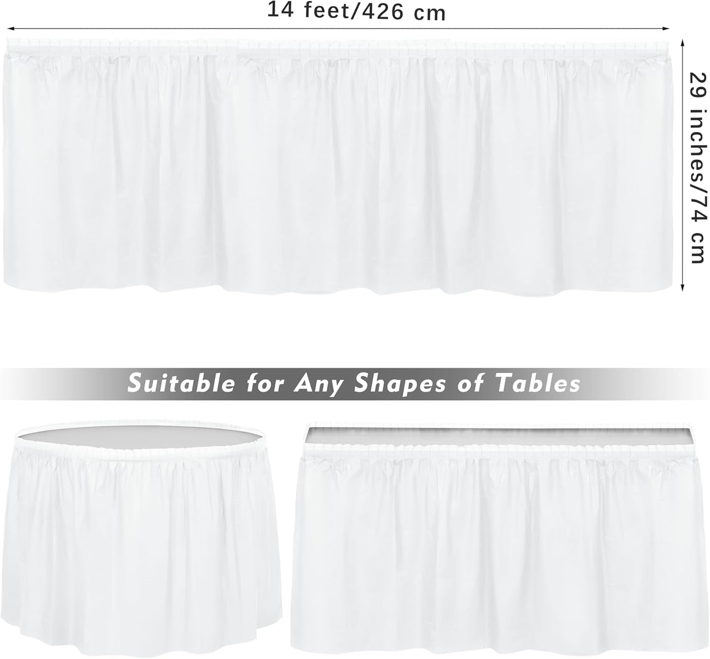 TURSTIN 4 Pieces White Plastic Table Skirts 14 Feet x 29 Inch for Rectangle Tables Fitted Tablecloth Disposable Table Cover for Birthday Party, Events, Banquette Baby Shower