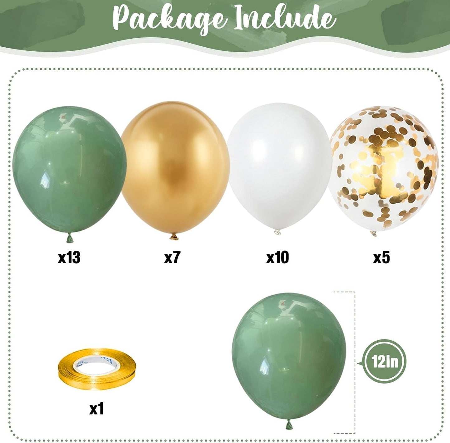 Sage Green and Gold Balloons, 12 Inch Olive Green White Metallic Gold Confetti Latex Balloons Set, Retro Green Gold Balloons for Girls Women Birthday Wedding Jungle Baby Shower Party Decorations