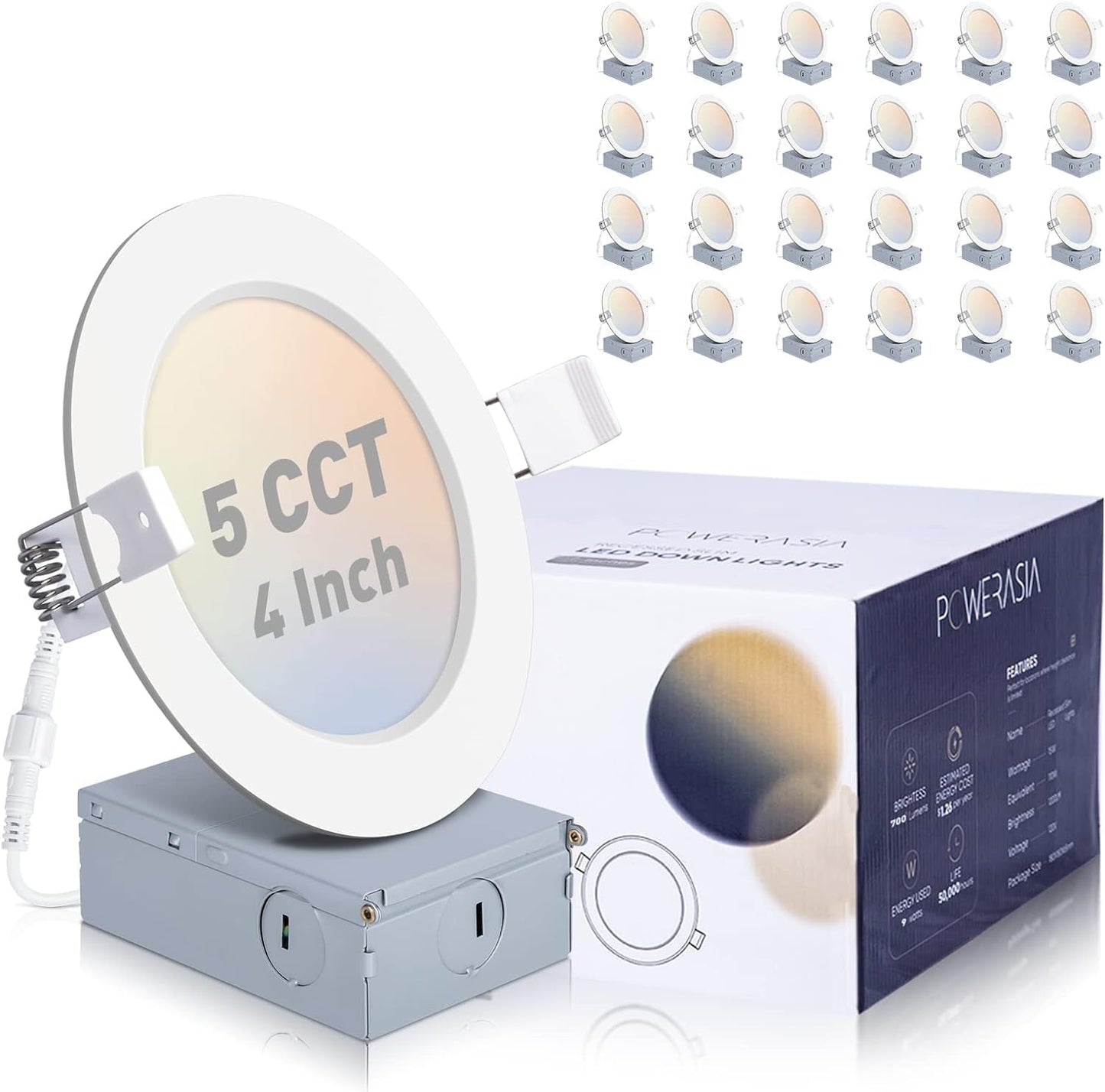 24 Pack Recessed Lighting 4 Inch with Junction Box, 5CCT 4 Inch LED Recessed Lights Dimmable 2700K-6000K, 9W 850lm Ultra Thin Recessed Lighting - ETL and Energy Star Certified