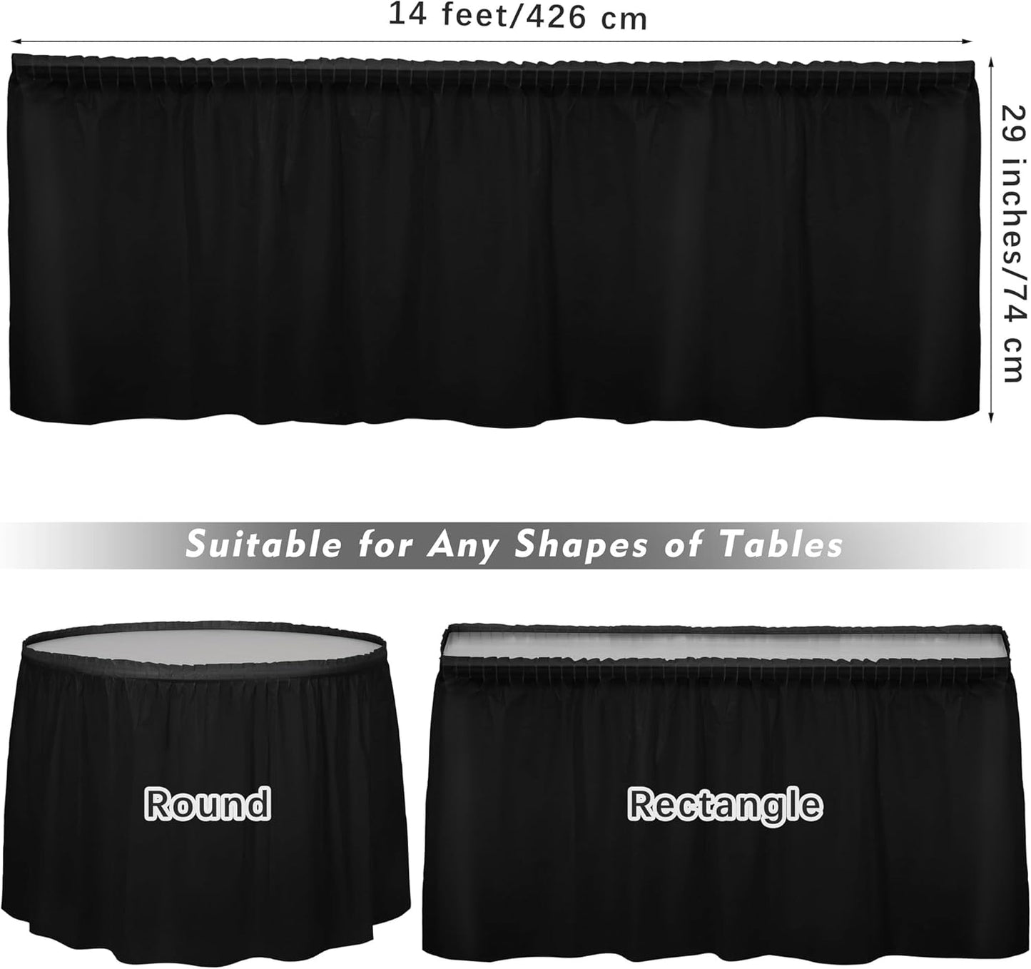 TURSTIN 2 Pieces Black Plastic Table Skirts 14 x 29 Feet for Rectangle Tables Fitted Tablecloth Disposable Table Cover for Birthday Party, Events, Banquette Baby Shower