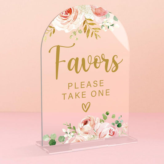 Acrylic Wedding Signs, Bridal Shower Decorations, Modern Calligraphy Arch Acrylic Table Top Sign for Wedding Reception and Engagement Parties - Favors Please Take One (Clear Pink Flowers)